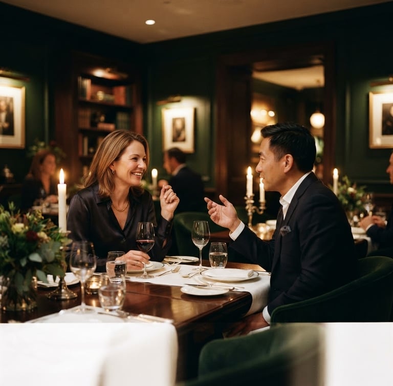 Wide panoramic of an intimate executive dinner in a low-lit private dining room, candid conversation between two well-dressed leaders, warm ambient light, shallow depth of field, deep forest green and rich wood tones.