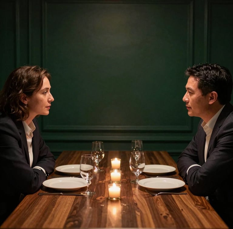 Intimate executive dinner in a low-lit private dining room, candid conversation between two leaders, warm ambient light, shallow depth of field, 35mm, deep forest green and rich wood tones, no direct eye contact