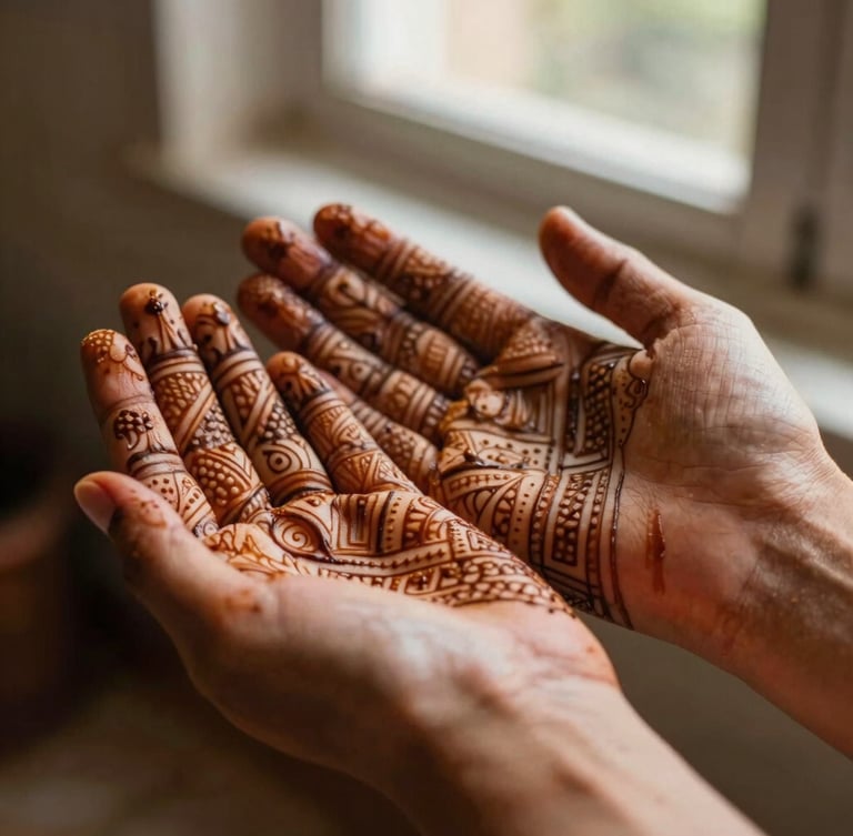 Macro photograph of freshly applied botanical mehndi on hands, intricate geometric lines, warm natural window light, rich terracotta tones, shallow depth of field, 35mm