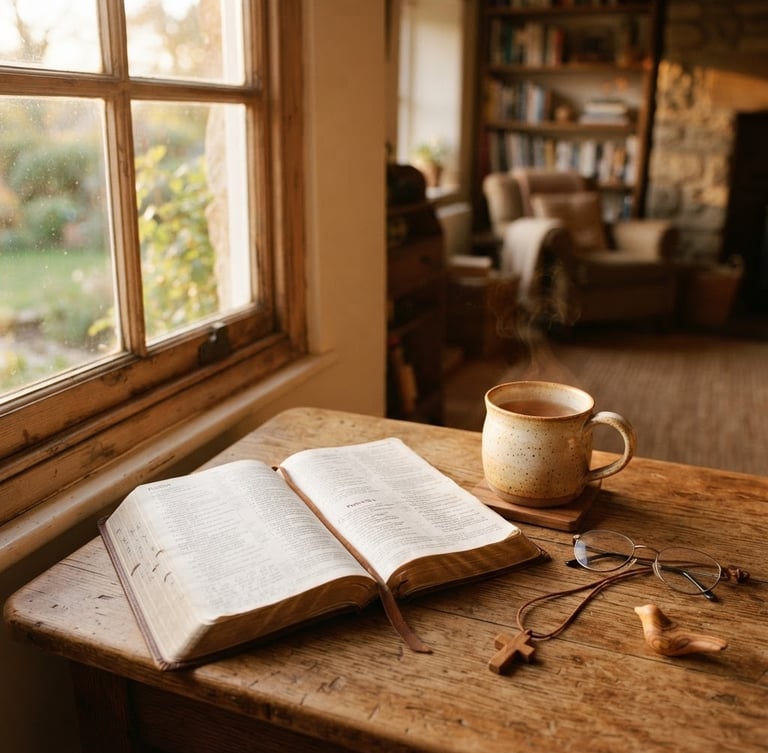 A cozy sunlit room with warm wooden tables, an open Bible, a steaming ceramic mug of tea, soft golden-hour light streaming through a window, 35mm film style