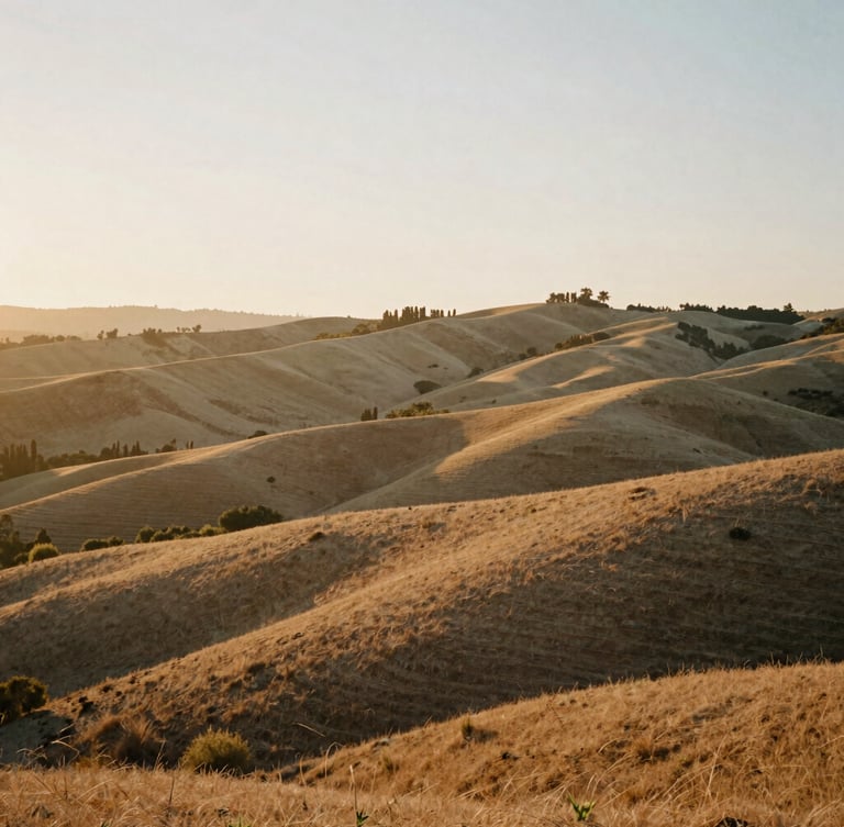 A wide view of the quiet Yucaipa foothills landscape at golden hour, soft warm light illuminating the rolling hills, 35mm film style