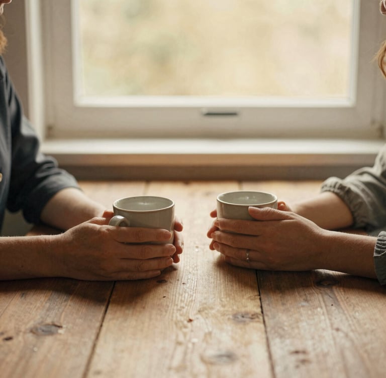 Warm editorial photography of two women sitting together at a rustic wooden table by a window, hands holding warm ceramic mugs, soft golden-hour daylight, gentle depth of field, 35mm film style.
