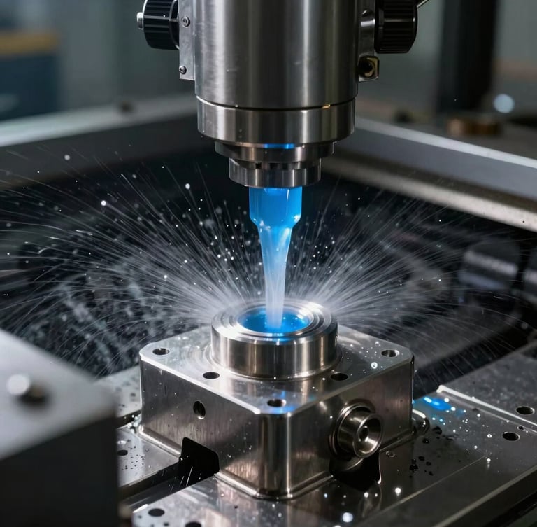 Macro close-up of blue-tinted flood coolant spraying inside a CNC VMC enclosure, bright metallic steel part being milled, high-contrast industrial shop light