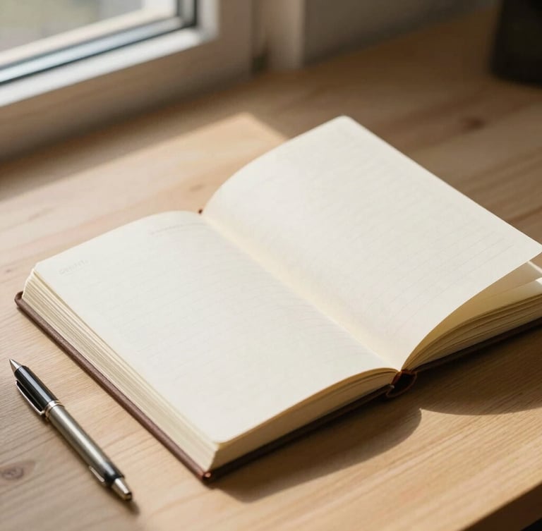 Un primer plano de un cuaderno de notas de lino abierto sobre una mesa de madera clara, un bolígrafo de metal al lado, sombras suaves de una ventana.