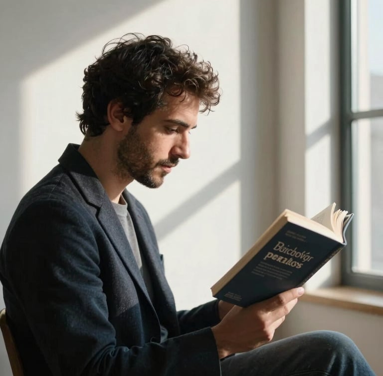 Retrato de perfil de Fernando Perales leyendo un libro de psicología cerca de una ventana con sombras arquitectónicas suaves y luz natural difusa.