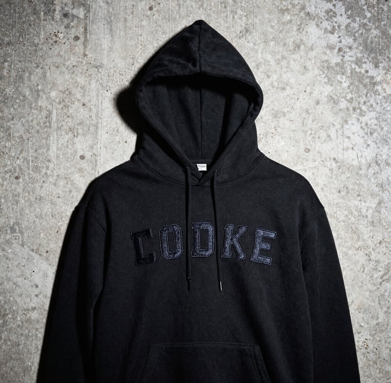 Tight crop gritty street photography of heavy embroidery on a black hoodie, harsh direct flash, high-contrast shadows, raw concrete texture background