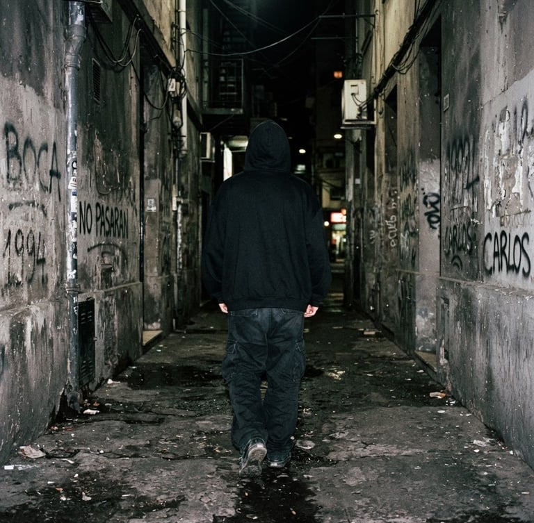Gritty street photography, low-angle shot of a concrete alleyway in Buenos Aires, high-contrast harsh direct flash, model wearing a black oversized hoodie with hood up, back turned, raw lo-fi 90s grunge aesthetic.