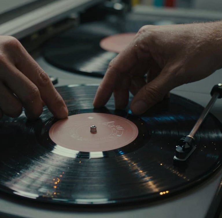 extreme close-up of hands inspecting a freshly pressed vinyl record on a manufacturing line, low-key lighting, subtle gold dust motes, focus on texture and detail, atmospheric cinematic photography, deep shadows, moody desaturated tones, 35mm film