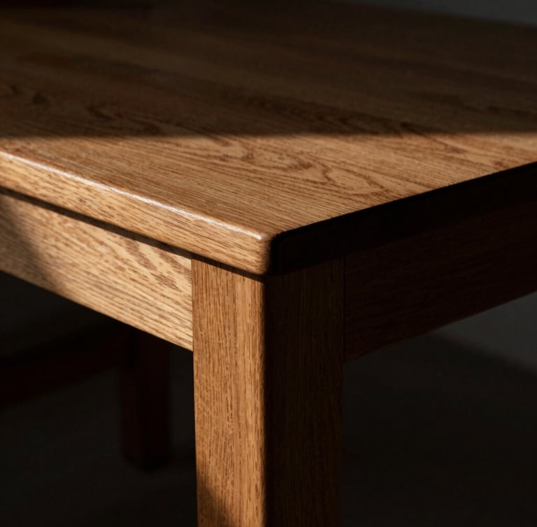 Tight macro shot of a heavy oak drafting table joint, dramatic side-lighting casting deep shadows, 35mm photography