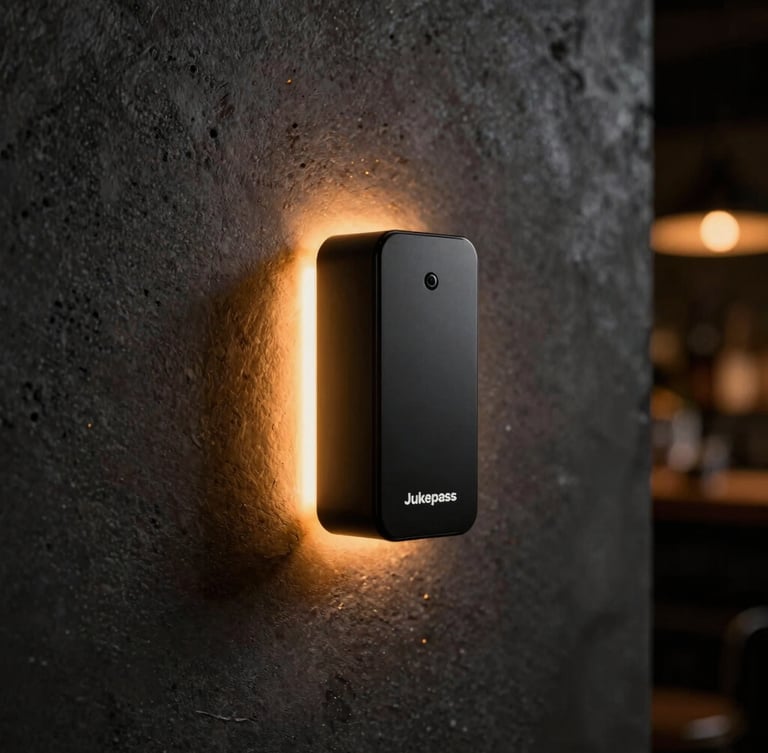 Sleek matte black Jukepass hardware hub mounted on a dark textured concrete wall, warm amber neon glow from behind the device, moody bar atmosphere, shallow depth of field, 35mm