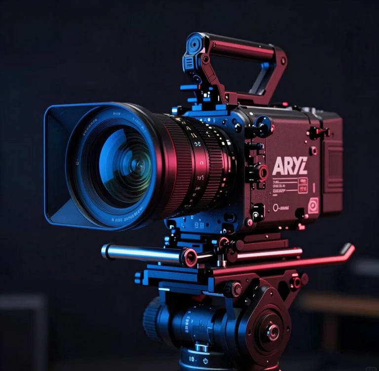 Dramatic cinematic medium close-up of a high-end ARRI digital cinema camera on a stabilizer rig, dark studio environment with intense electric blue and laser red rim lighting, sharp focus on the lens glass, anamorphic framing.