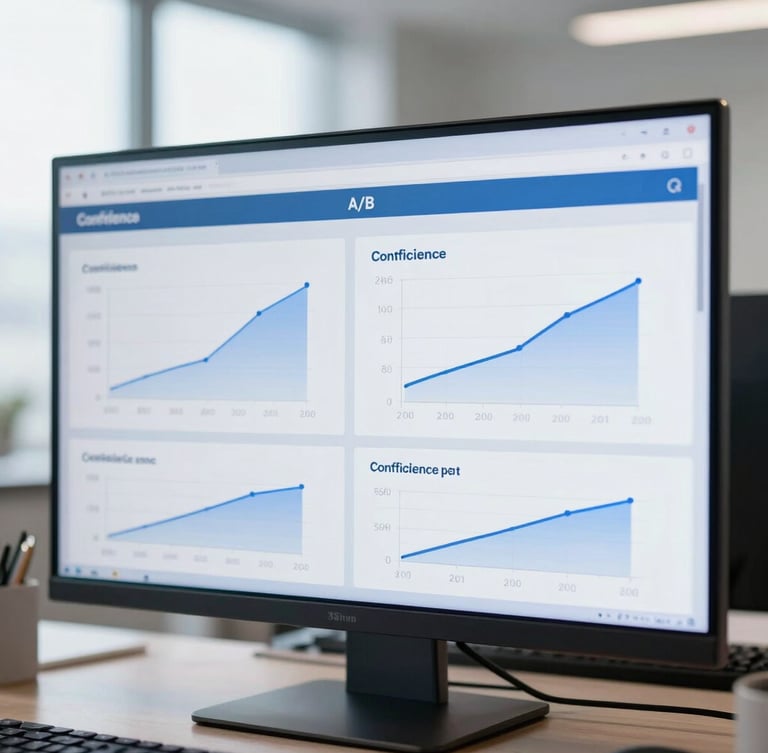 A close-up of a split-screen A/B testing dashboard showing statistical confidence intervals and conversion curves, cool blue tones, sharp focus, 35mm
