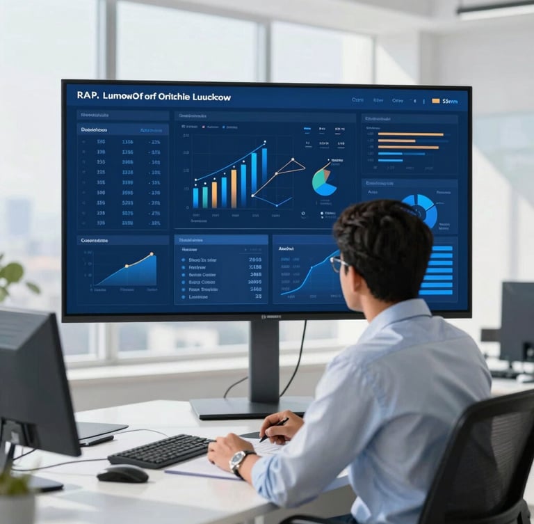 Modern editorial office in Lucknow, bright natural daylight, clean corporate blue tones, a strategist analyzing live analytics dashboards on a large screen, sharp focus, 35mm