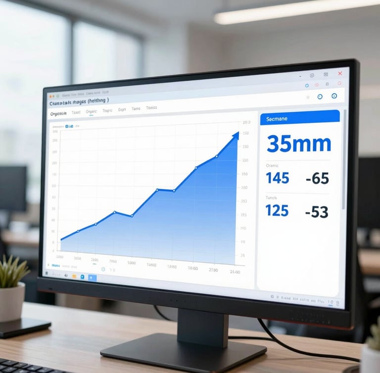 A crisp macro shot of a live marketing dashboard on a monitor, showing upward organic traffic growth curves and clear revenue numbers, cool office lighting, sharp focus, 35mm
