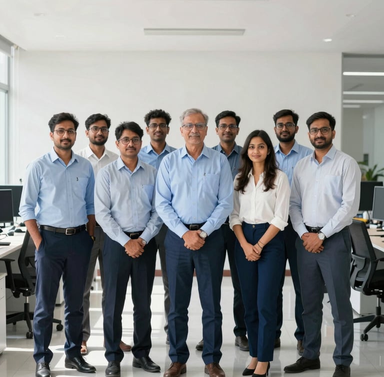 Editorial portrait of the founding team in our Lucknow office, bright natural daylight, clean corporate blue and white tones, sharp focus, 35mm