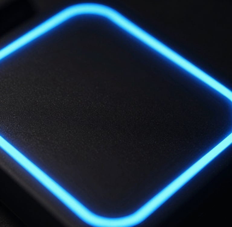 Macro close-up of a glowing digital interface, sharp neon blue edge lighting, deep charcoal tones, 35mm