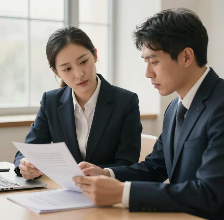 Warm editorial photography of two professional attorneys reviewing legal documents together in a bright office, soft natural window light, muted navy and cream tones, shallow depth of field, 35mm lens