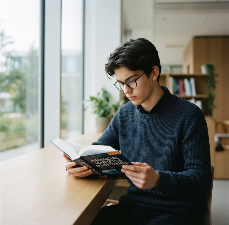 Editorial portrait of a focused 16-year-old Belgian young man in a clean, bright workspace with large windows, reading a financial textbook, soft natural side lighting, desaturated navy tones, high-end 50mm photography.