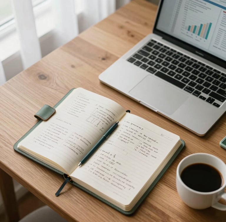 Overhead flat-lay of a clean wooden desk with an open leather-bound notebook showing handwritten financial models, a modern laptop displaying clean charts, and a cup of black coffee, soft natural window light.