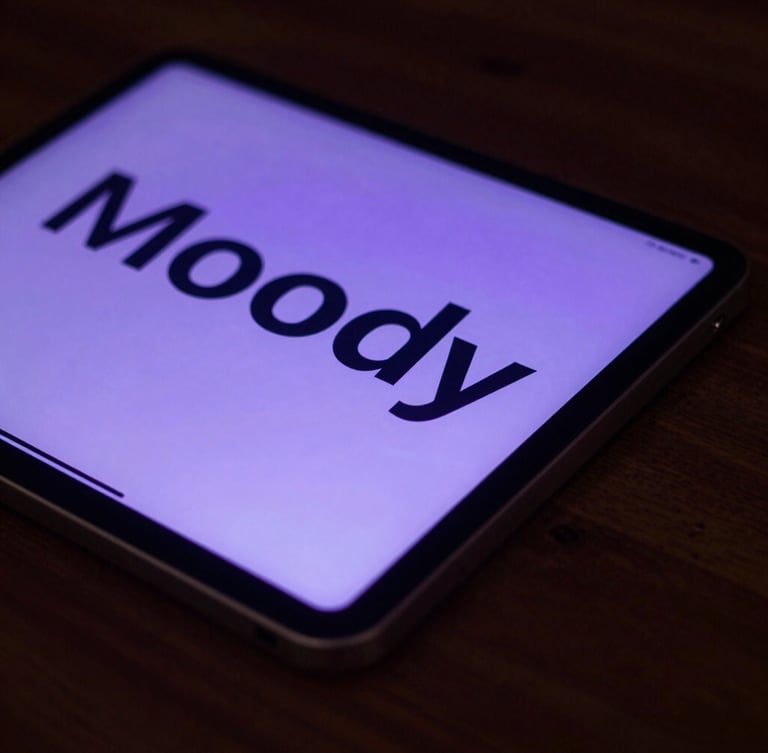 Moody close-up of a tablet on a dark oak desk displaying crisp typography, soft purple backlighting, low-key dusk ambient light, 35mm