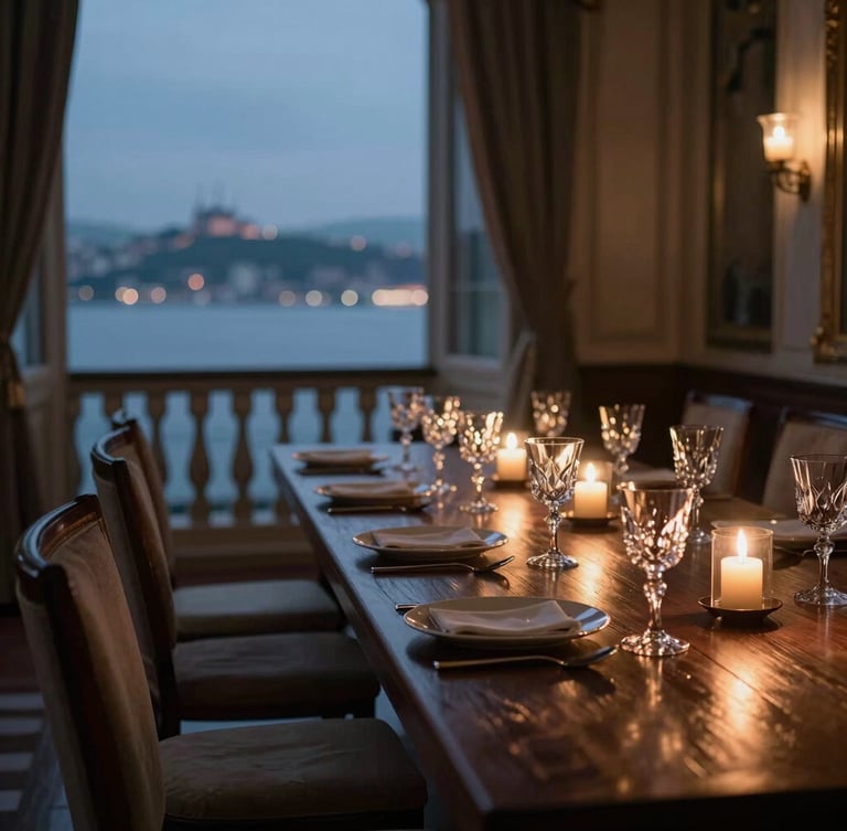 Cinematic side-angle shot of a historic Bosphorus mansion dining room at dusk, a long dark wooden table set with elegant crystal glasses reflecting warm candlelight, soft shadows, empty space on the left, moody atmosphere.