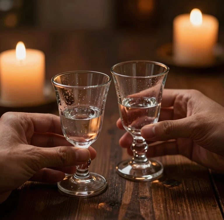 A close-up, low-key warm candlelit scene on a dark wooden table, hands gently clinking two elegant rakı glasses, soft condensation on the glass, background softly blurred with warm amber glow.