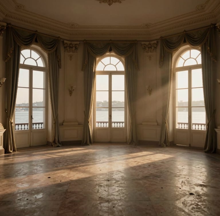 Atmospheric wide shot of an empty historic Bosphorus mansion salon at golden hour, soft warm light pouring through tall windows, dusty air, cinematic framing