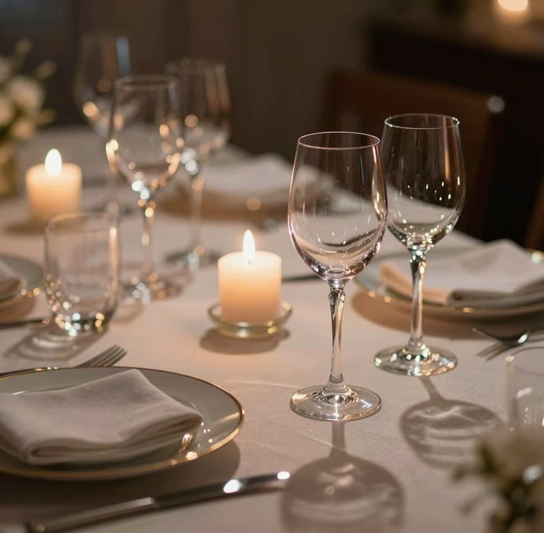 Cinematic close-up of a dimly lit private dinner table, warm candlelight reflecting on crystal wine glasses, soft shadows, elegant table setting, sophisticated atmosphere