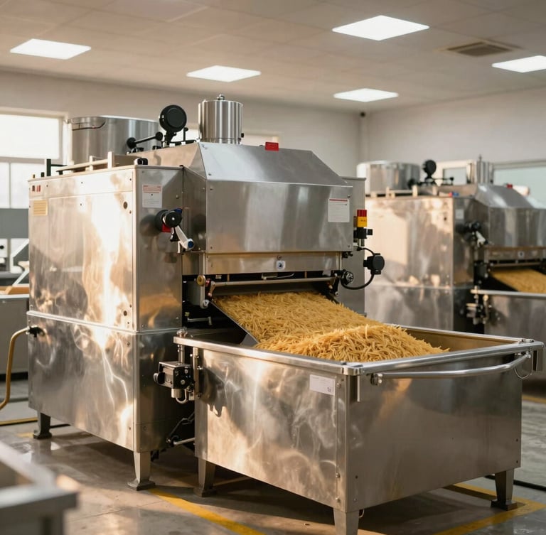 Wide-angle shot of a clean, modern automated rice milling facility, bright industrial lighting mixed with warm sunlight, pristine stainless steel machinery