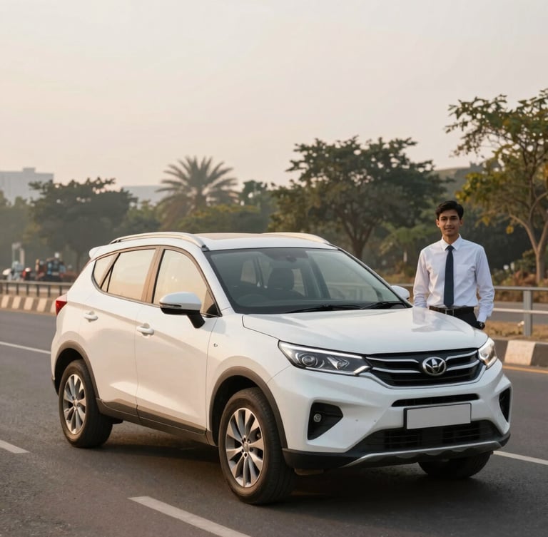 A clean white SUV parked along a scenic highway in North India during golden hour, professional driver in neat attire standing nearby, 35mm lens.