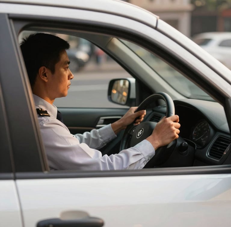 Close-up of a professional driver's hands in a neat uniform on a steering wheel of a clean white vehicle, warm golden-hour city light filtering through the window, shallow depth of field