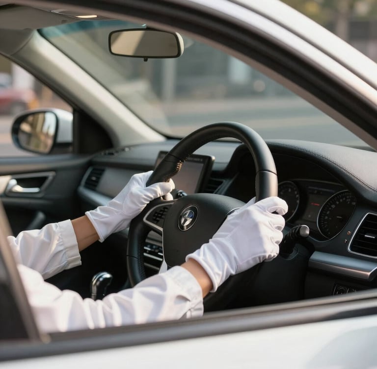 Close-up of a professional driver's hands in white gloves on a leather steering wheel of a clean white car, bright morning light, 35mm