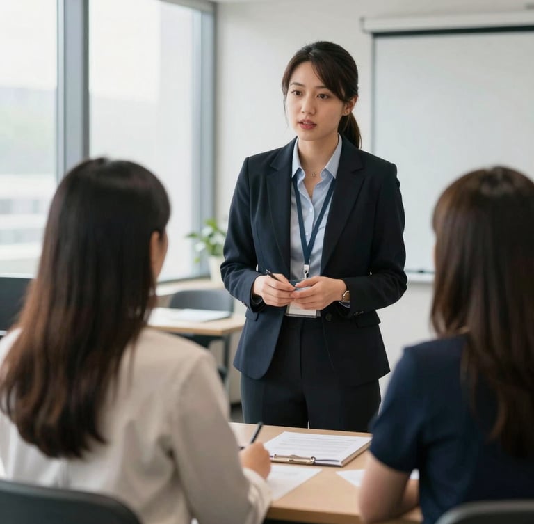 Eye-level medium shot of an active mock interview session, a professional female instructor giving constructive feedback to a young candidate in a bright corporate room, daylight.