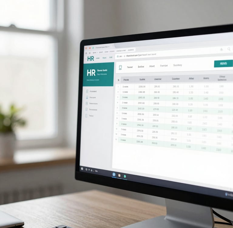 Bright, natural daylight mixed with clean, professional indoor office lighting. Close-up of modern HR software interfaces and payroll spreadsheets on a high-resolution display, clean and structured.