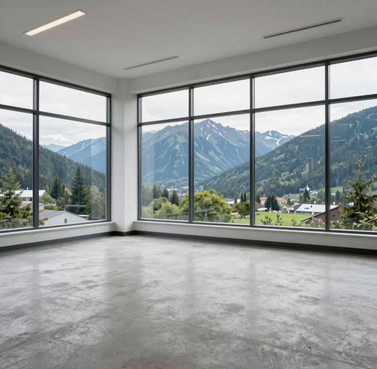 A spotless, empty commercial office space with large windows overlooking British Columbia mountains, bright overcast daylight, clean concrete floors.