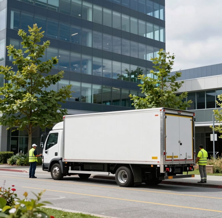 A clean commercial moving truck parked in front of a modern office building in British Columbia, bright overcast daylight, organized transport crew in professional uniforms.