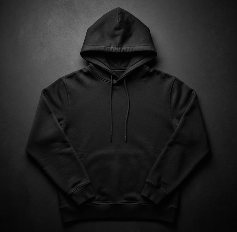 Sharp studio photography of a custom black hoodie with bold typography, high-contrast crisp lighting, stark black and white tones, premium editorial lookbook, 50mm lens
