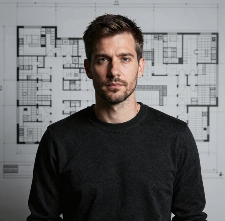 Straight-on portrait of a designer in a dark studio, sharp high-contrast lighting, architectural blueprint background, monochrome palette.