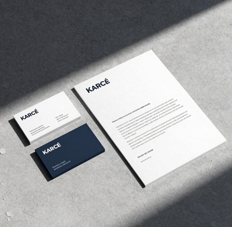Flat-lay architectural branding mockup on a light gray concrete surface, high-contrast cool studio lighting, sharp shadows, showcasing a business card and letterhead with structured sans-serif typography.