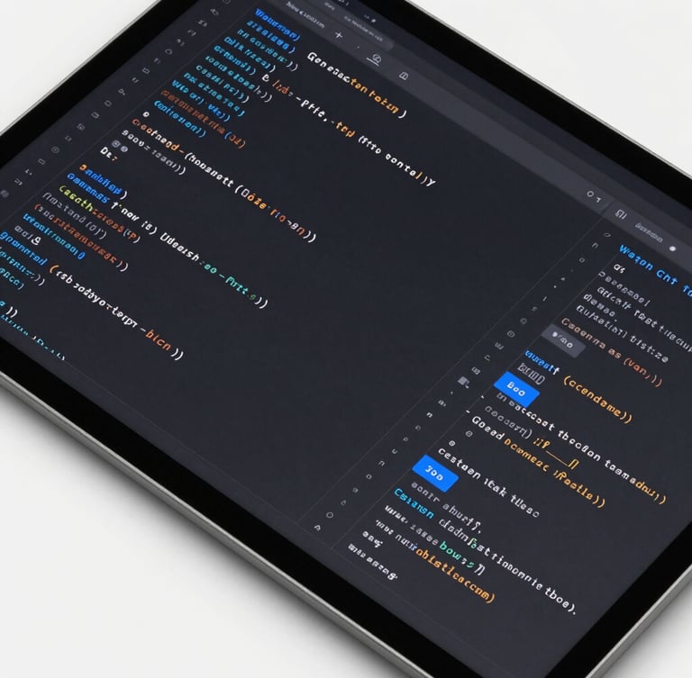 Orthogonal flat-lay screenshot of clean PHP code blocks and custom Gutenberg block layouts on a high-contrast charcoal screen, sharp studio lighting, blue accents.