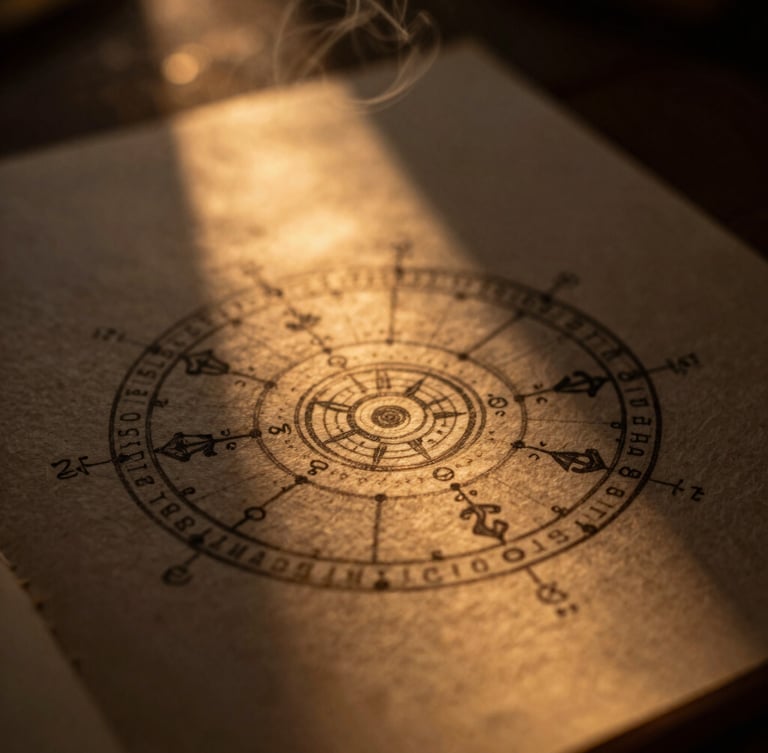Macro close-up of a hand-drawn Kundli chart on textured handmade paper, warm low-key lighting with golden shafts of light cutting through soft incense smoke, shallow depth of field
