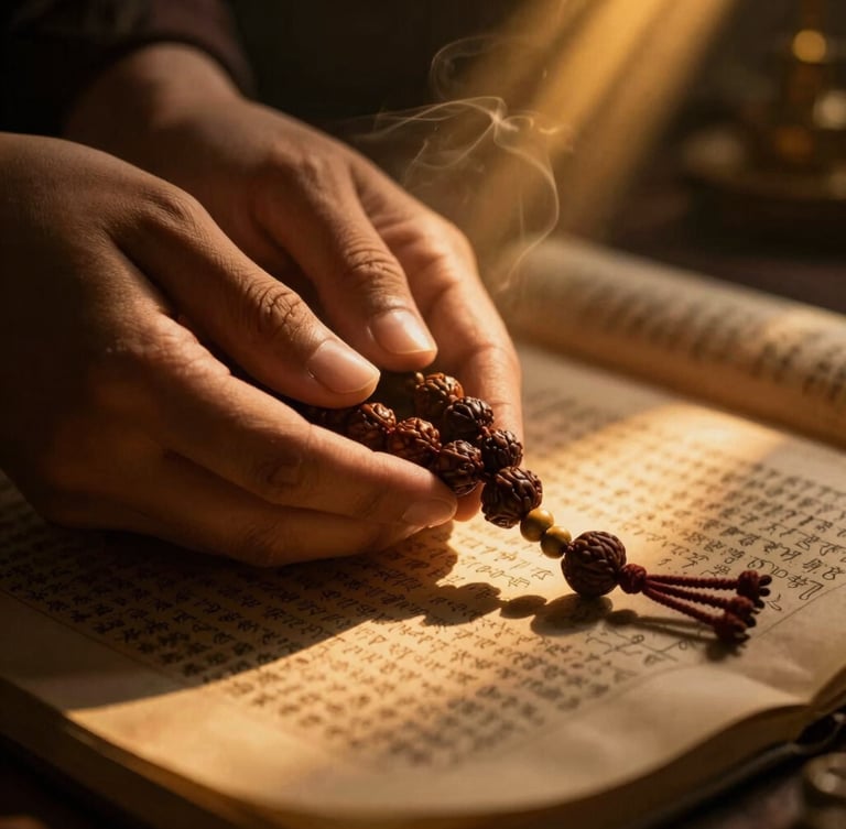 Macro close-up of hands holding rudraksha beads over an ancient palm-leaf manuscript, warm low-key lighting, golden shafts cut through soft incense smoke.