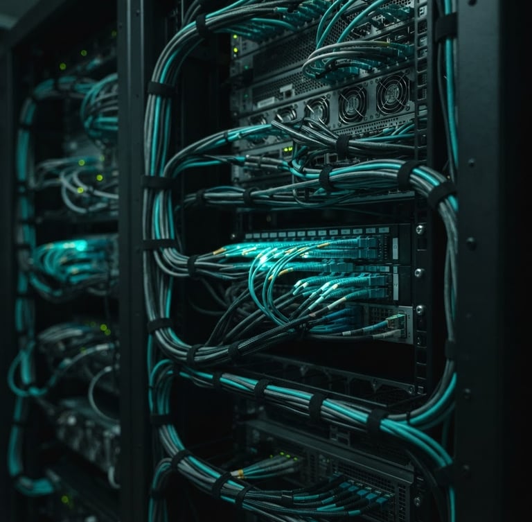 Precise macro shot of server rack cabling with neon-teal accents, low-key server room lighting, dark cinematic photography, 35mm lens