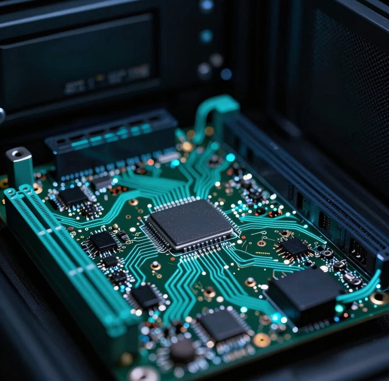 Close-up of server motherboard with intricate circuitry and glowing neon-teal connections, low-key server room lighting, precise macro shot, 35mm lens.