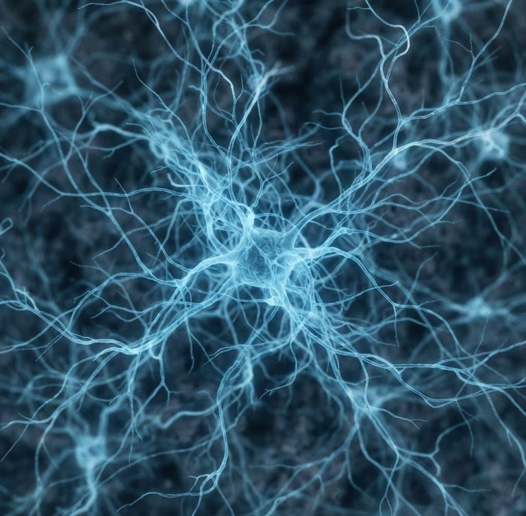 Macro-abstract photography of soft blue neural pathways, clean scientific composition, diffused laboratory light, calming cool tones, 35mm lens.
