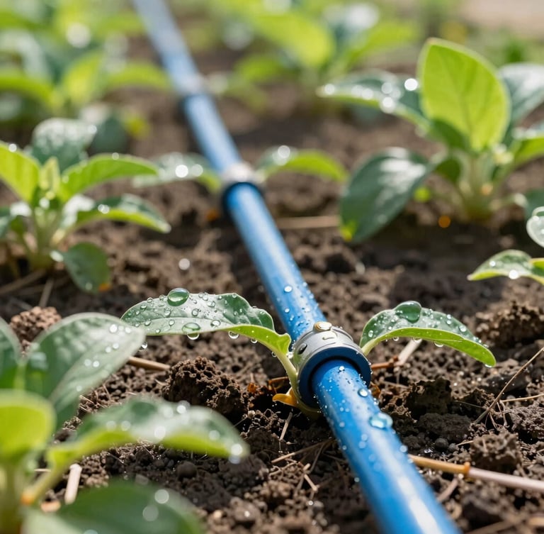 Close-up of a clean drip irrigation system nestled in rich soil under bright Amman morning sun, water droplets glistening on green leaves, sharp focus, vibrant editorial photography
