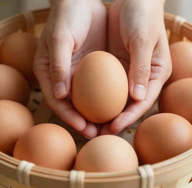 Close-up of hands holding clean, warm brown eggs over a wooden basket, soft rustic morning sunlight, earthy golden tones, shallow depth of field, 35mm