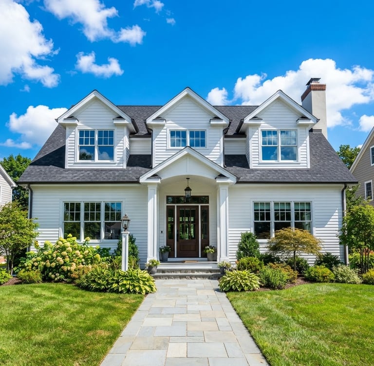 Straight-on low-angle shot of a beautiful suburban home with clean white siding under bright midday sunlight, brilliant blue sky, sparkling clean windows, high-contrast, 35mm lens.