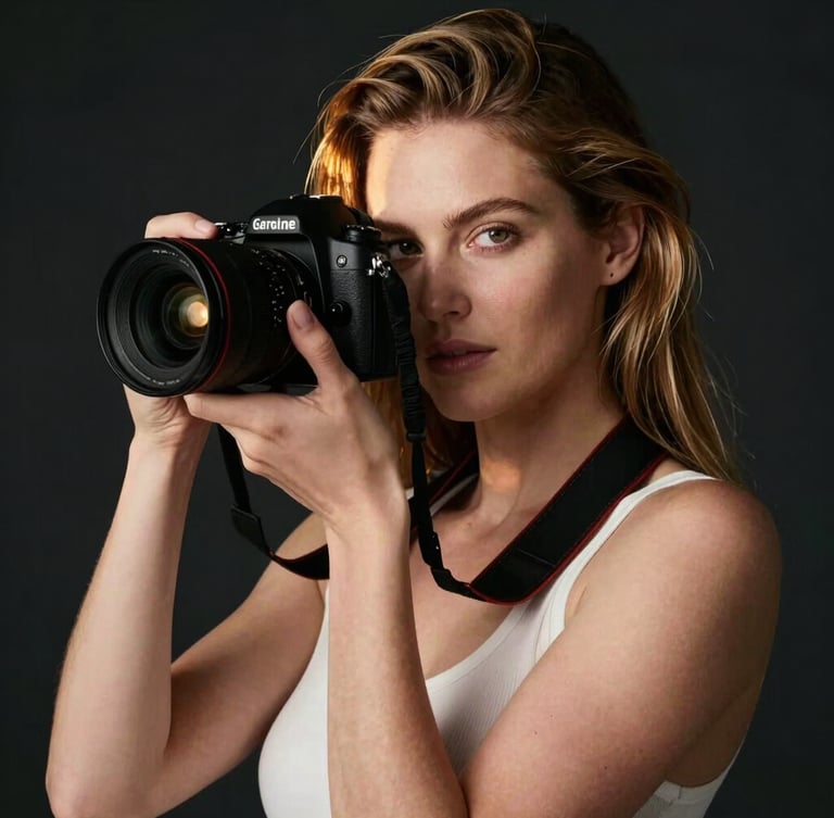 Chiaroscuro portrait of Geraldine Pavan, holding a professional camera, warm key light illuminating her face, dark obsidian background, high-fashion editorial style