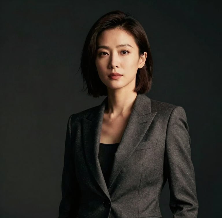 Cinematic portrait of a confident female executive in a charcoal tailored suit, dramatic chiaroscuro lighting with deep shadows, warm key light illuminating her face, dark studio background.